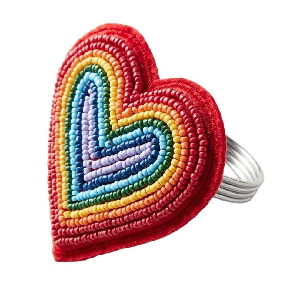 Williams Sonoma Beaded Rainbow Heart Napkin Rings Set of 4 Handcrafted Glass